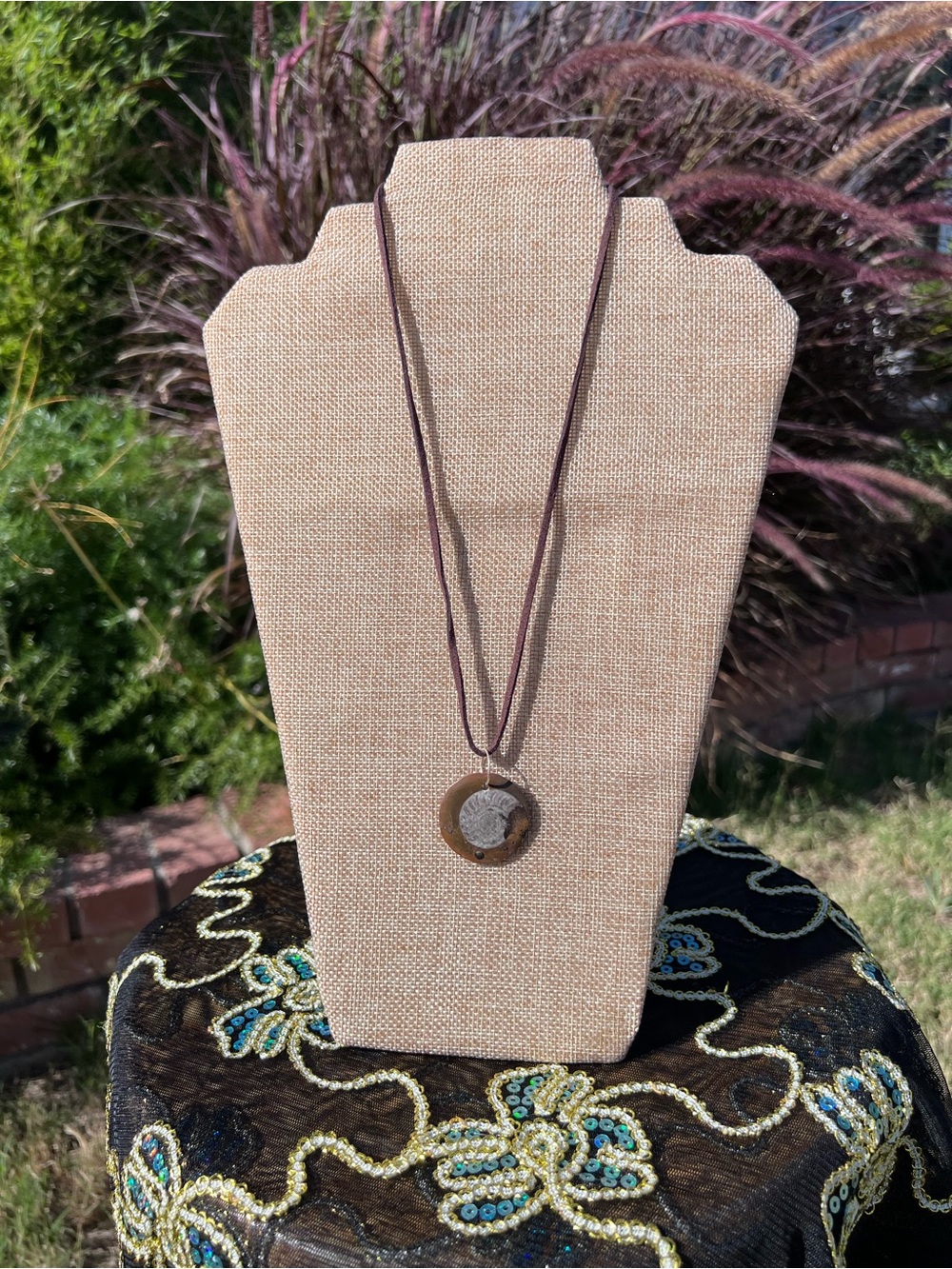 Brown Leather Cord Necklace with Stone Pendant